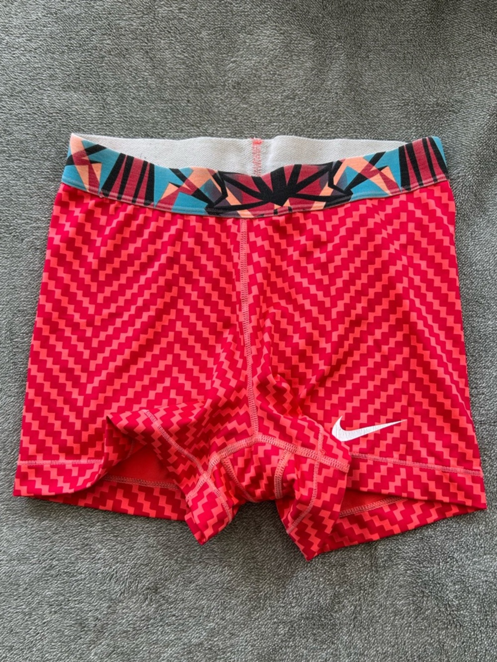 Nike Women's Red Pink Geometric Bike Shorts with Multicolor Waistband